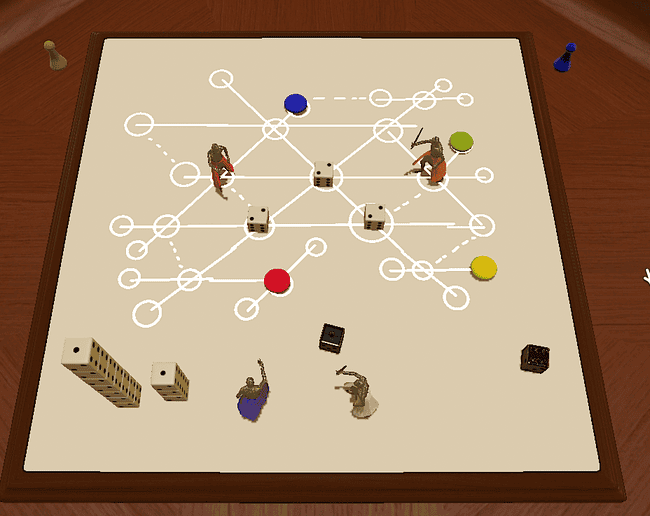 Example of my TableTop Simulator Prototype of Fire Season, with a big hex focused grid scribbled out on the board, and various dice and counter places around the play area.